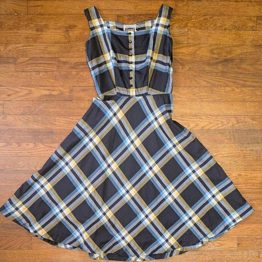 1950s Fashioned By Lampl Black Plaid Cotton Full Skirt Sun Dress XS/S